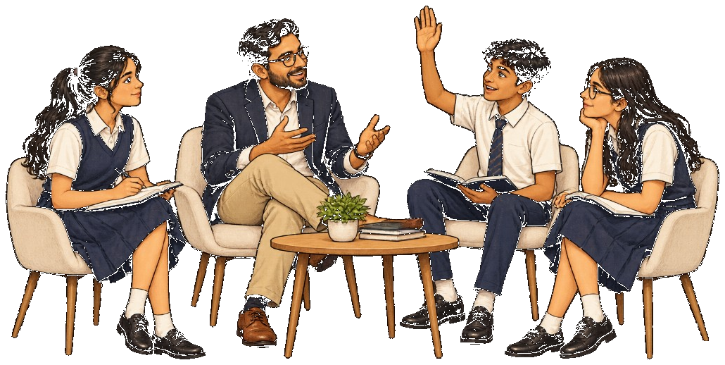 Illustration of a founder in discussion with school students