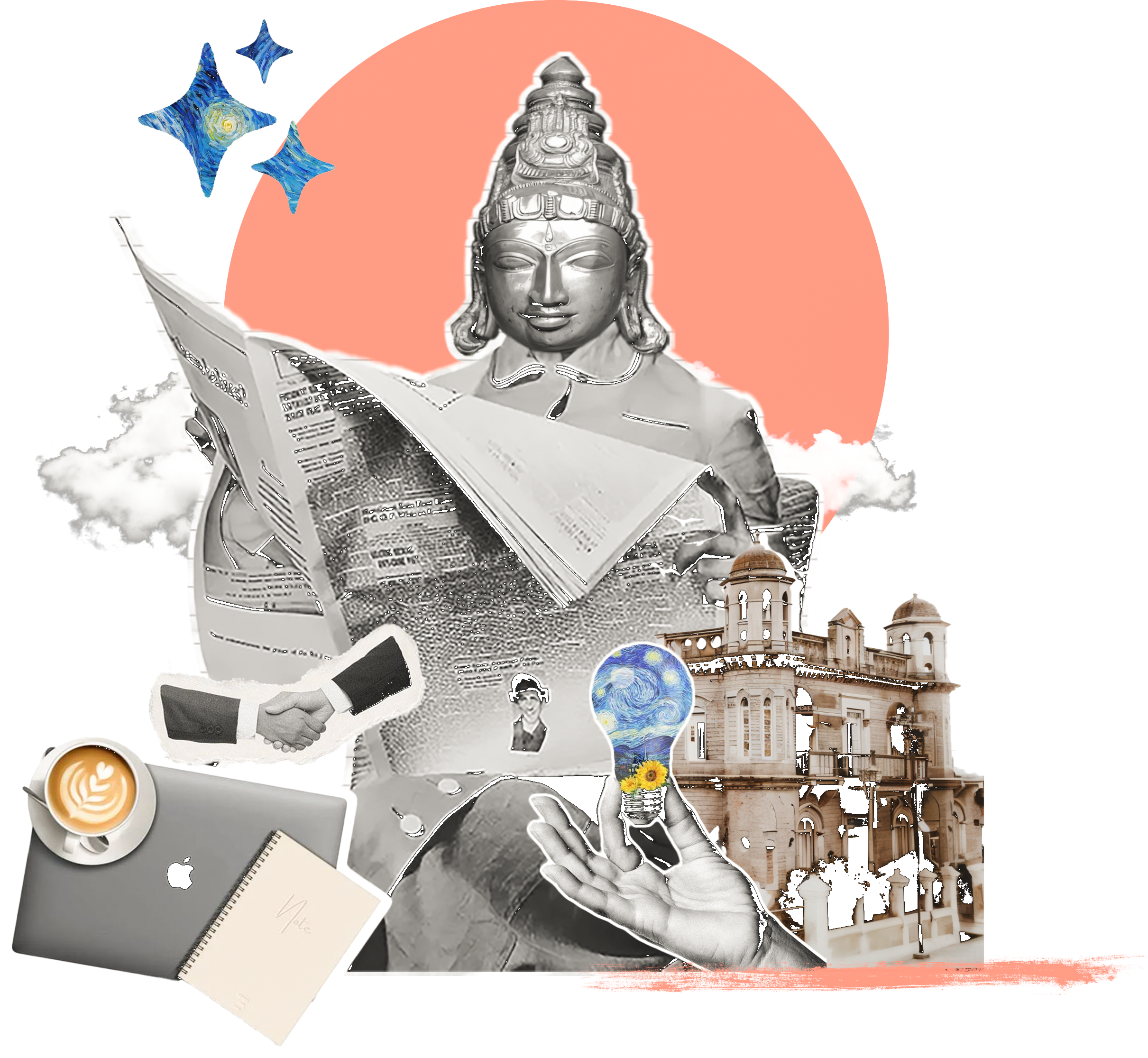 Surreal collage of creativity, strategy, and collaboration
